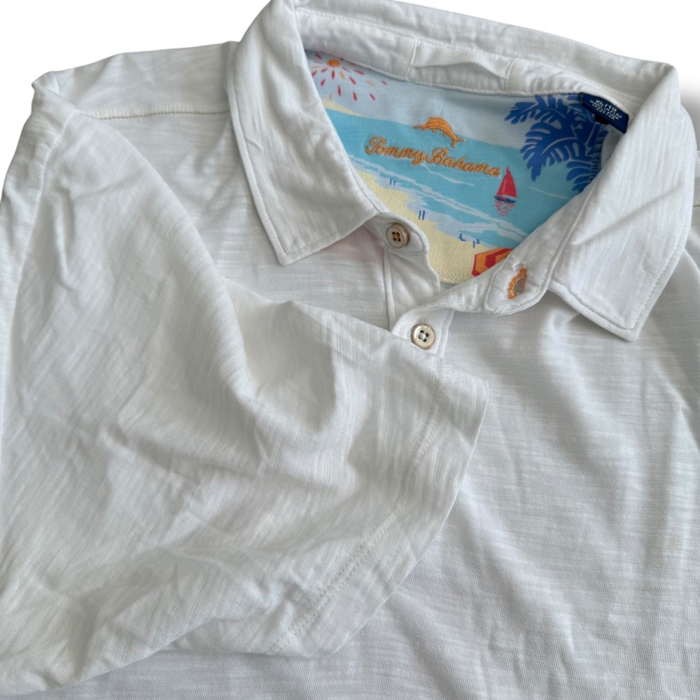Tommy Bahama Mens XL/TG White‎ Pima Cotton Island Print Collar Polo Shirt